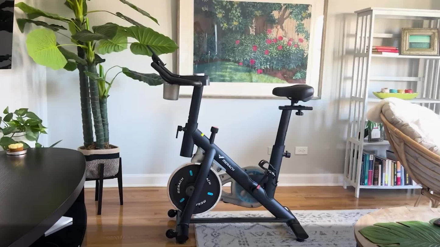 MERACH Exercise Bike, Brake Pad Stationary Bike With Exclusive App, Low Noise Indoor Cycling Bike With 300lbs Weight Capacity, Tablet Mount And Fitness Courses For Weight Loss