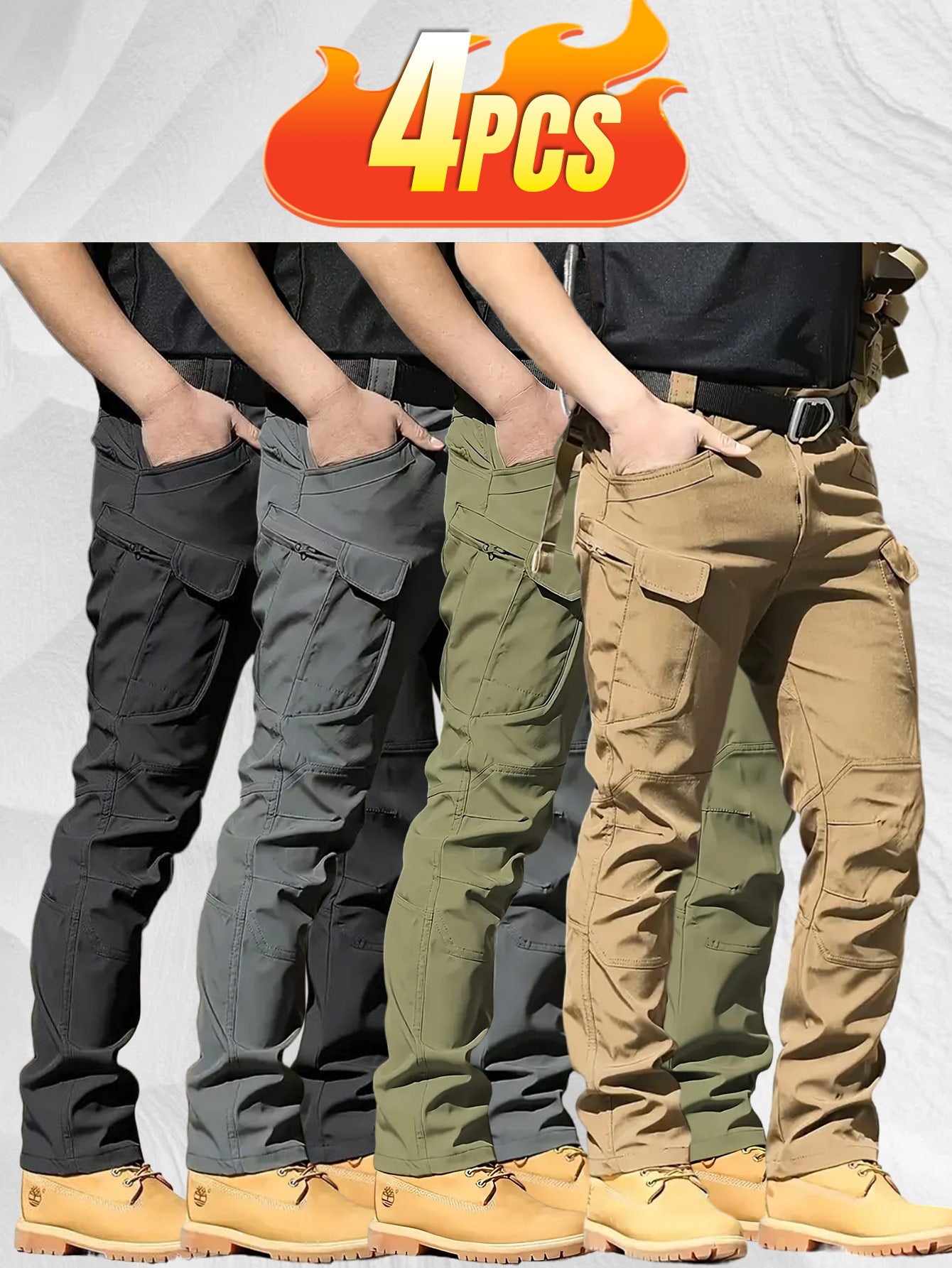 4PCS Comfy Outdoor Mountaineering Cargo Pants for Men Solid Color Drawstring Waist Casual Style Breathable Fabric