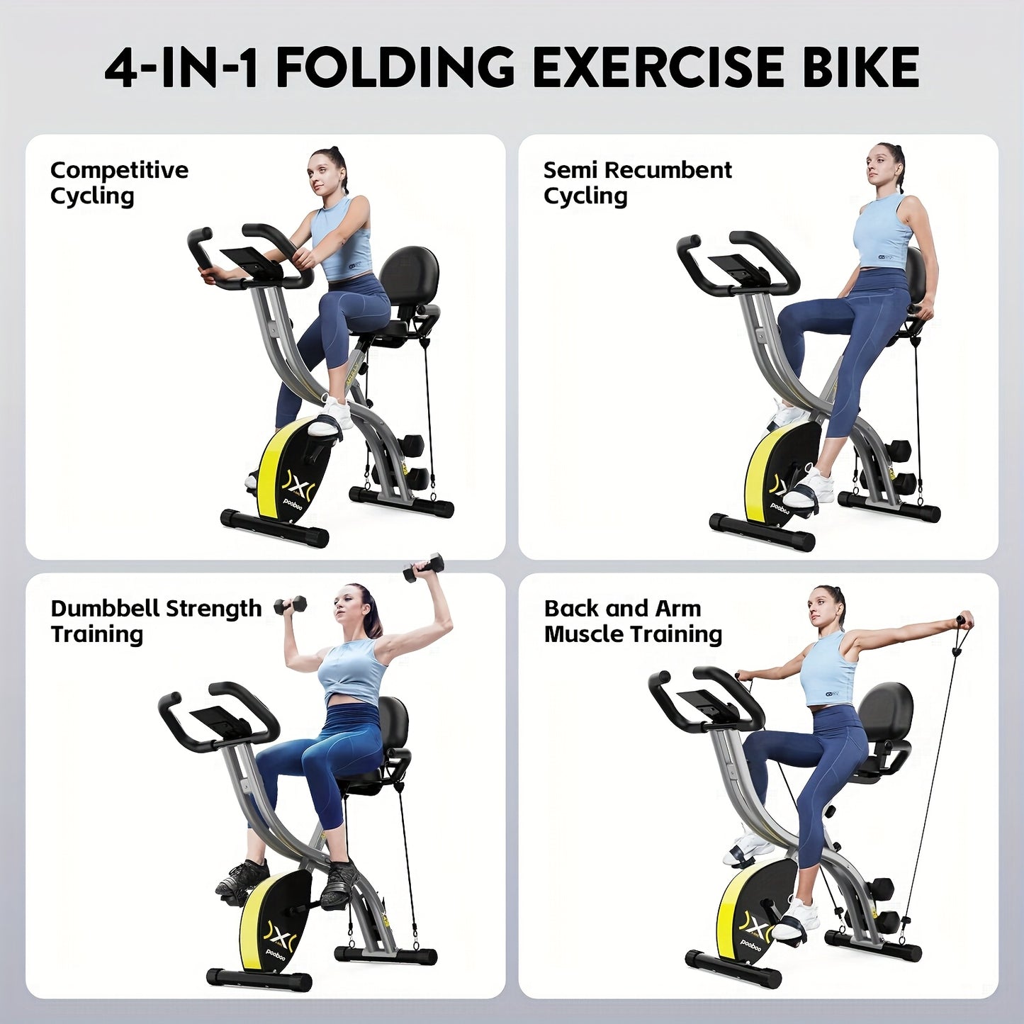 Pooboo Folding Exercise Bike Indoor Stationary Cycling Bicycle Upright Magnetic Workout Bicycle with Dumbbells and Resistance Bands Maximum Weight 300 Pounds Without Battery