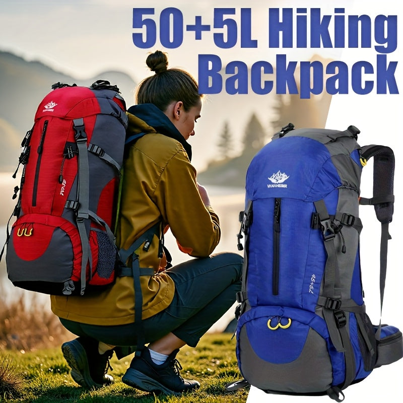 13.21 Gallon Hiking Backpack with Rain Cover 11.89 Gallon Plus 5 Liter Lightweight Camping Backpack Durable Travel Backpack for Men and Women Gym Outdoor Adventures Red and Black and Blue and Grey Adjustable Padded Straps Multiple Compartments