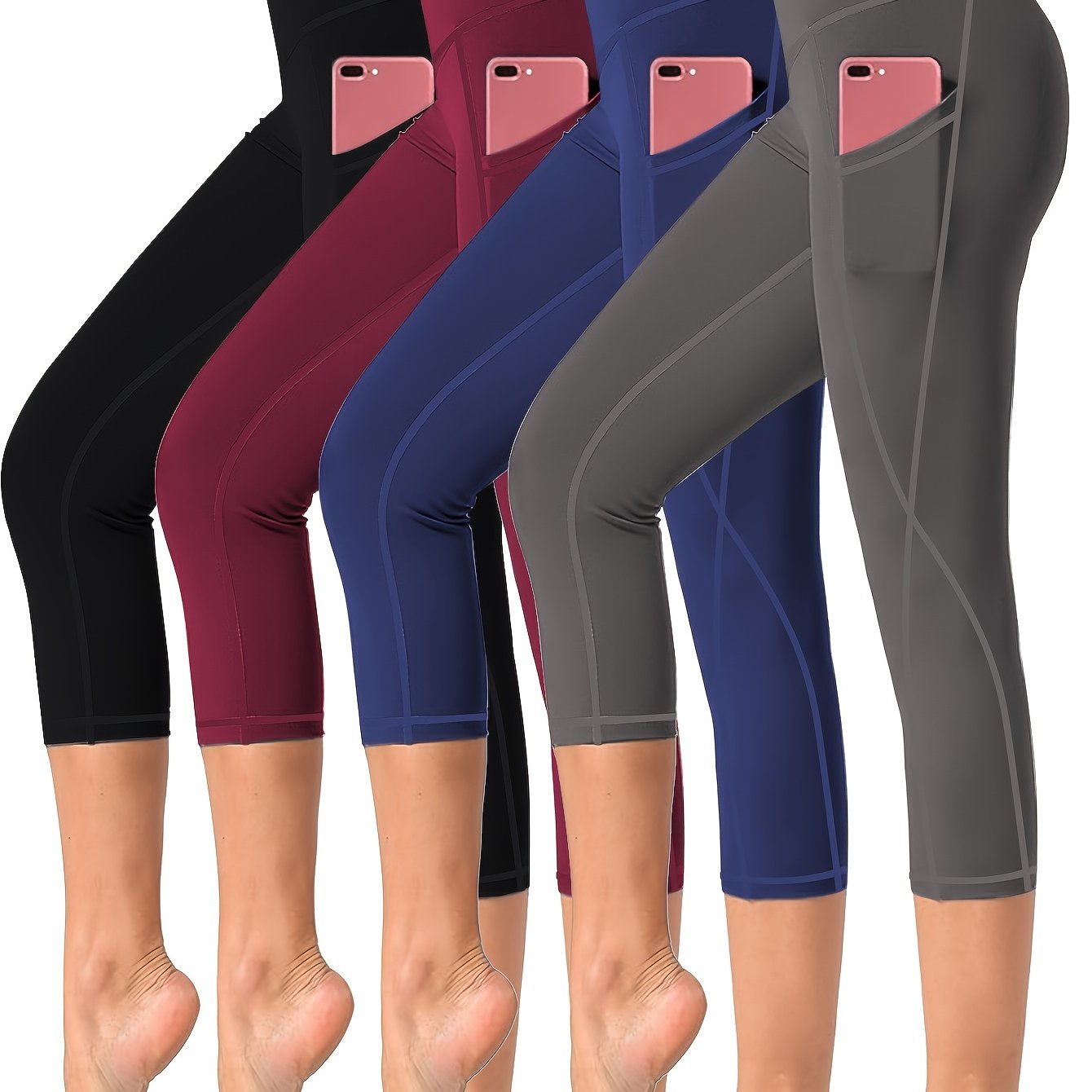 4 Pieces High Waisted Yoga Capris Leggings with Pockets Stretchy Printed Fitness and Running Tights Assorted Colors for Women