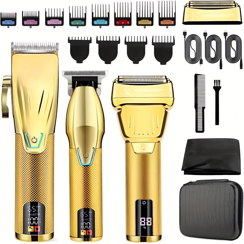 Professional Cordless Hair Clippers and Beard Trimmer Set for Men Golden Finish with LCD Display USB Rechargeable Includes Multiple Comb Attachments Ideal for Home Grooming and Barber Use