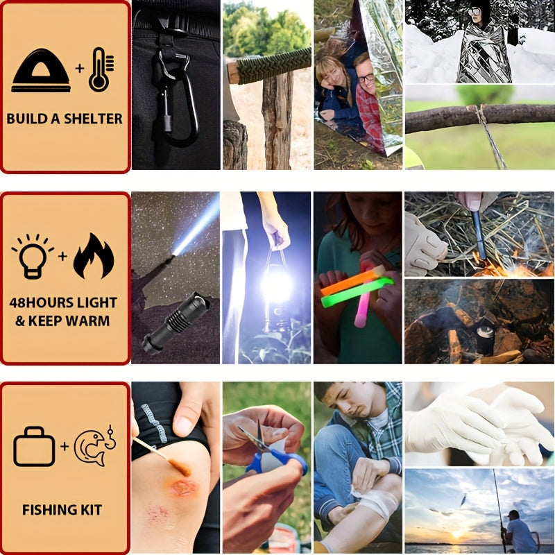 Survival Kit Bag with Folding Shovel and Multi Function Axe Emergency Lighting Set Emergency Blanket for Outdoor Adventure Hiking Hunting Lightweight Camping Essentials