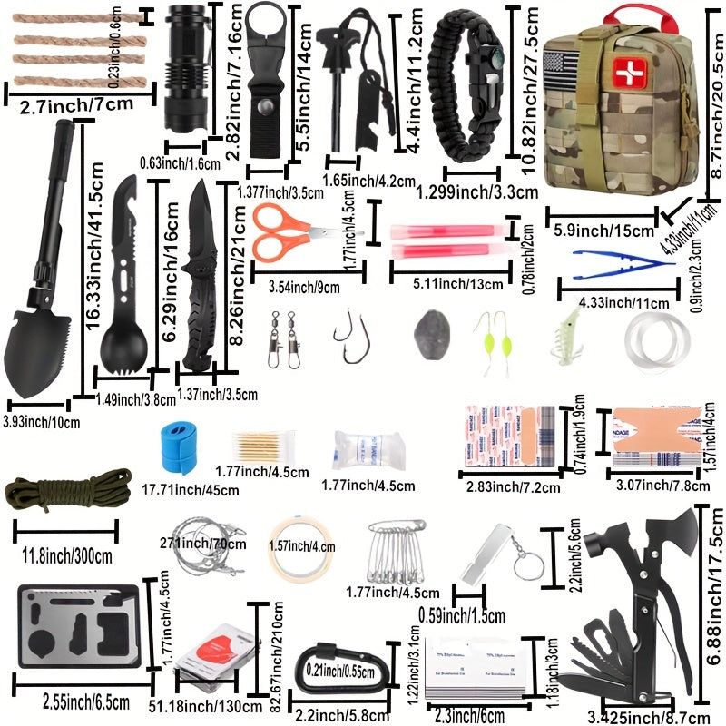 Survival Kit with 170 in 1 Gear and Molle Bag Including Emergency Tent Ideal for Earthquake Preparedness Outdoor Adventures Camping Essential for Cars and Boats Perfect Gift for Men and Women Green Camouflage