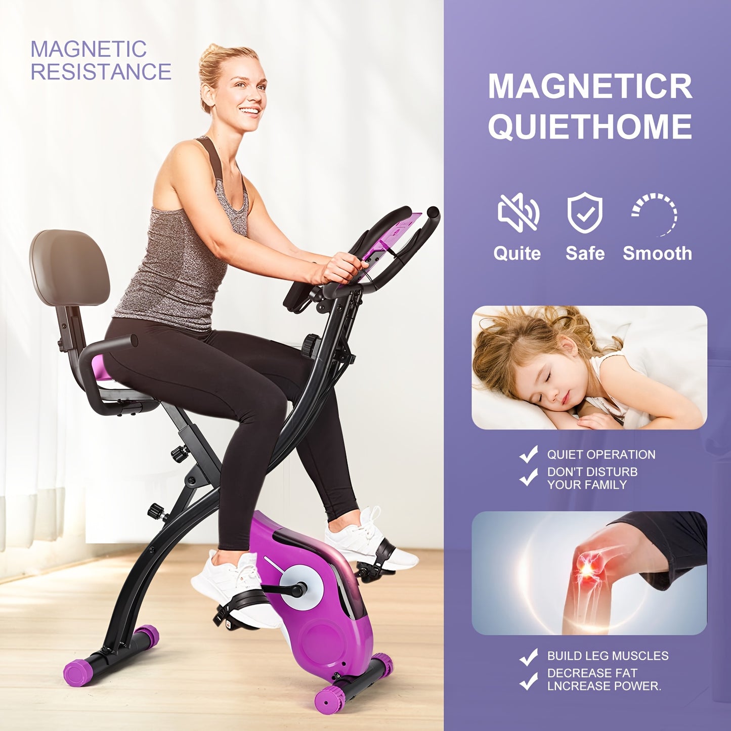 Purple Folding Exercise Bike with Adjustable Magnetic Resistance Digital Display Comfort Seat Cushion Support Back Pad Arm Resistance Bands Pulse Sensor Battery Powered Indoor Cycling Bike for Home Gym Workouts
