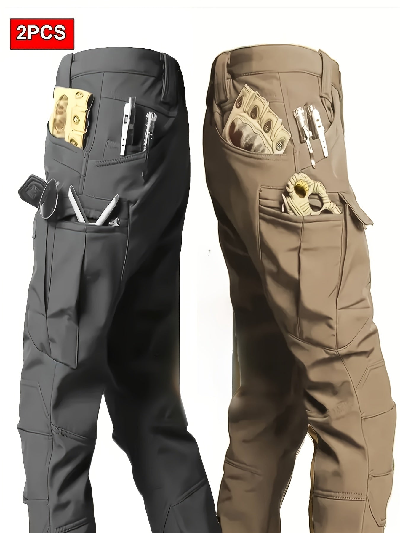 2PCS Men's High Performance Tactical Cargo Pants Sweatproof Durable Polyester Multi Pocket Design for Outdoor Hiking and Everyday Use Black and Beige