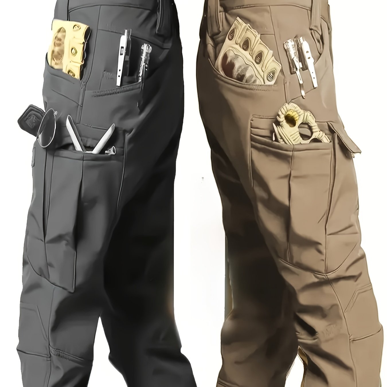 2 Pieces Men's High Performance Tactical Cargo Pants Sweatproof Durable Polyester Multi Pocket Design for Outdoor Hiking and Everyday Use Black and Beige