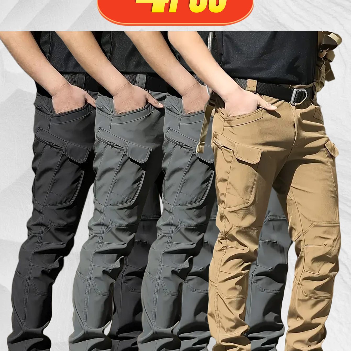 4PCS Comfy Outdoor Mountaineering Cargo Pants for Men Solid Color Drawstring Waist Casual Style Breathable Fabric