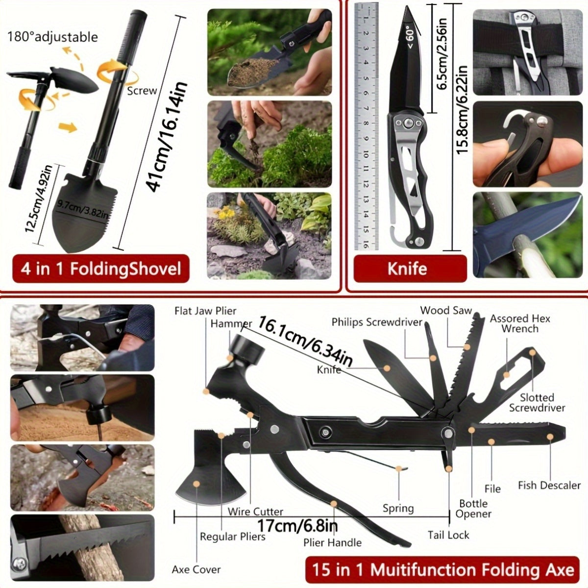 Survival Kit Bag with Folding Shovel and Multi Function Axe Emergency Lighting Set Emergency Blanket for Outdoor Adventure Hiking Hunting Lightweight Camping Essentials
