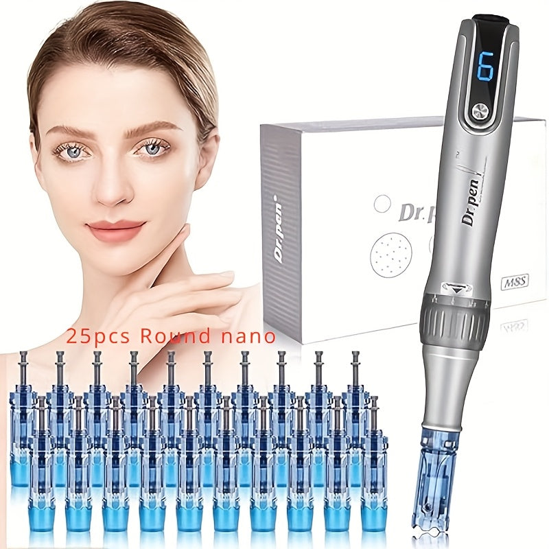 Dr Pen M8S Wireless Adjustable Electric Derma Pen with 25pcs Round Nano Replacement Cartridges 0.1mm Needle Length Ideal Gift for Women Mother's Day Holiday Gifts