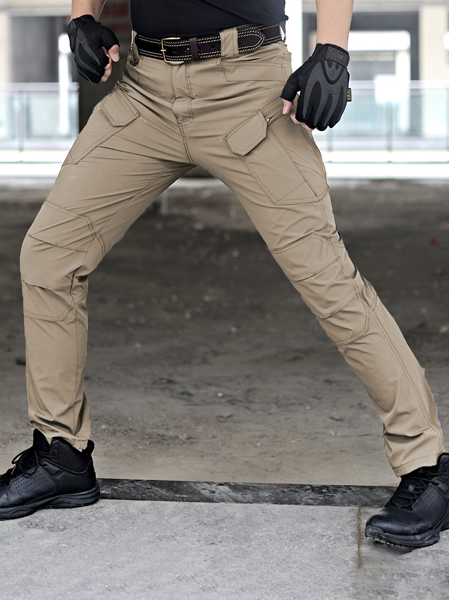 2 Pieces Men's High Performance Tactical Cargo Pants Sweatproof Durable Polyester Multi Pocket Design for Outdoor Hiking and Everyday Use Black and Beige