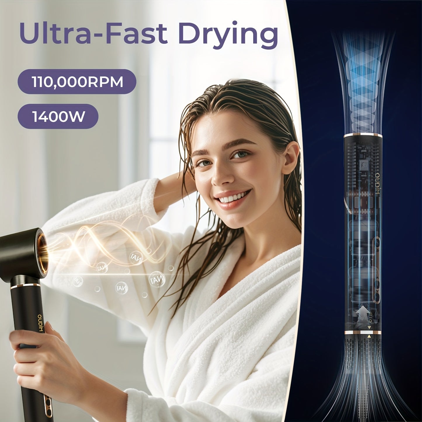 OUDIM 6 in 1 Multi Functional Hot Air Comb and Styler with Negative Ion Technology High Speed Frizz Free Hair Dryer Brush Curling Iron and Straightener with Auto Winding Rod Foldable Handle and Storage Bag