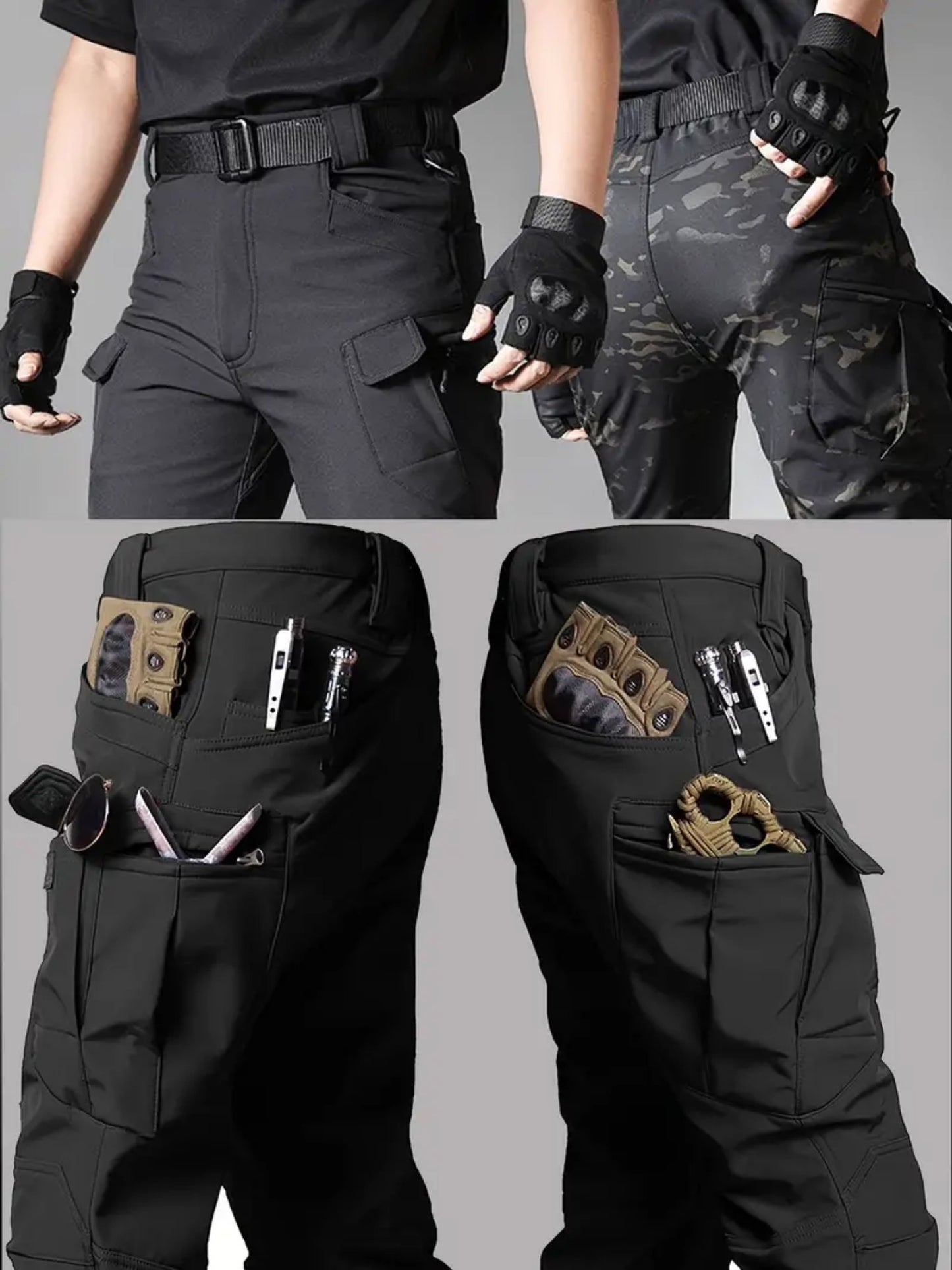 2PCS Men's High Performance Tactical Cargo Pants Sweatproof Durable Polyester Multi Pocket Design for Outdoor Hiking and Everyday Use Black and Beige