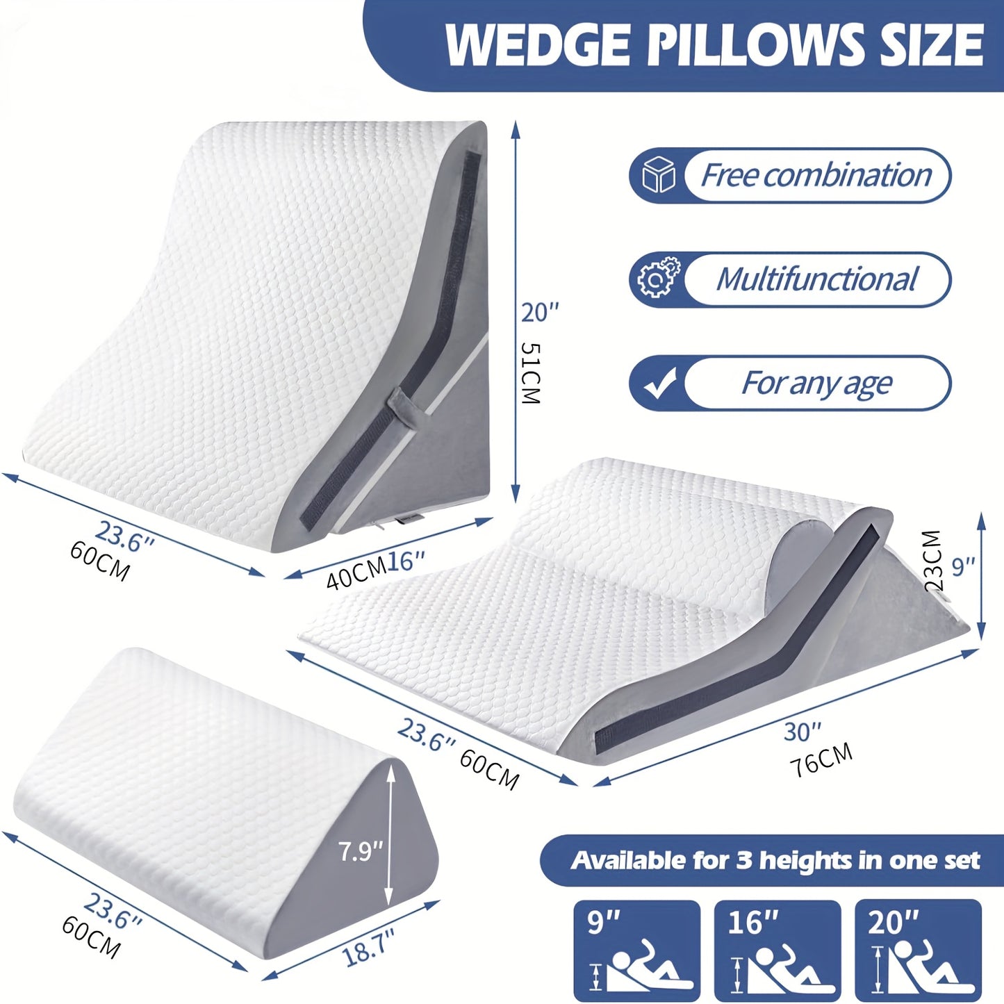 3 in 1 Incline Pillow Wedges for Back Support Adjustable Memory Foam Wedge Pillow Orthopedic Bed Pillow Set