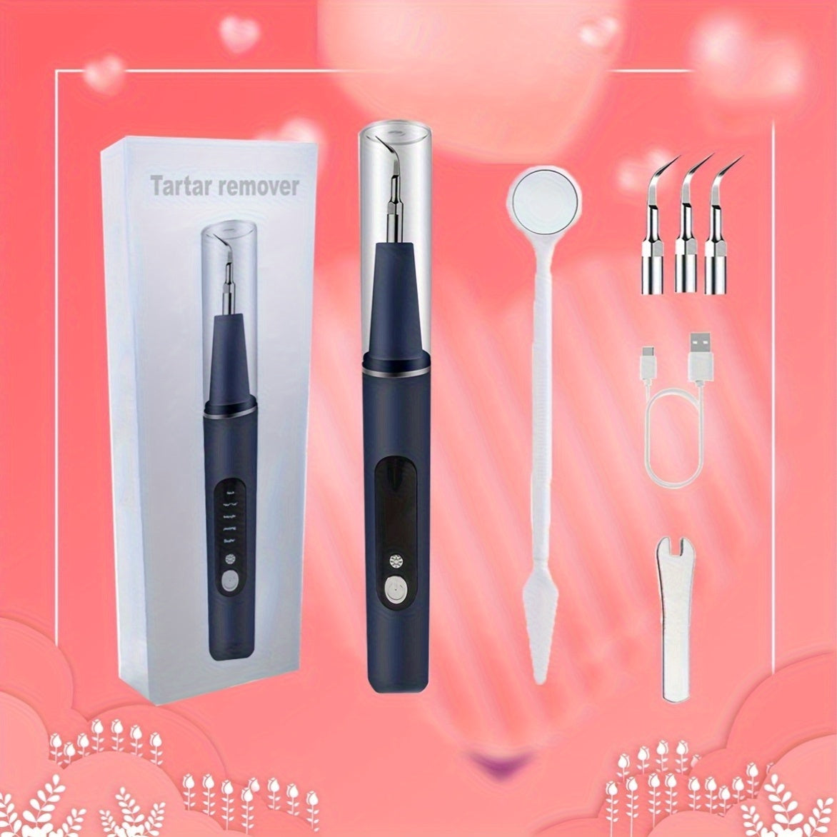 Valentines Day Electric Flosser Teeth Cleaner with 3 Replacement Heads and 5 Modes LED Light for Deep Cleaning Family Couples and Travel
