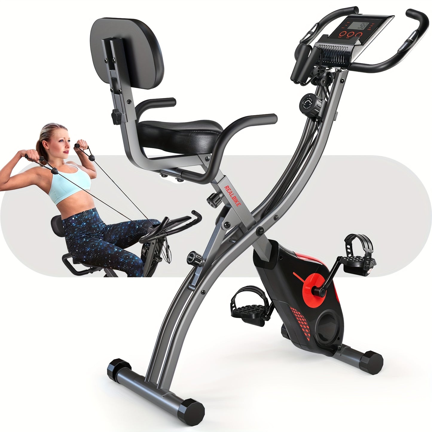 Purple Folding Exercise Bike with Adjustable Magnetic Resistance Digital Display Comfort Seat Cushion Support Back Pad Arm Resistance Bands Pulse Sensor Battery Powered Indoor Cycling Bike for Home Gym Workouts