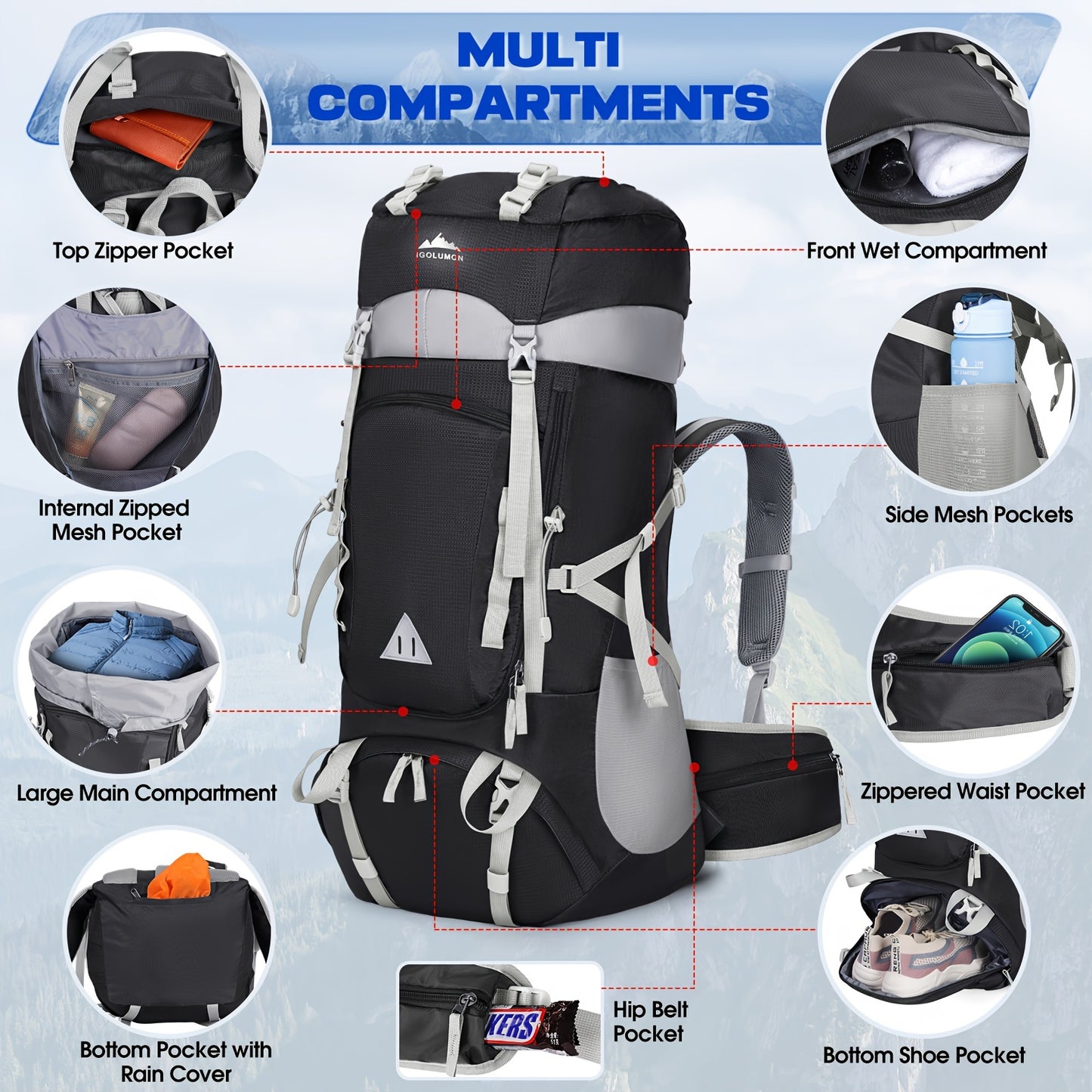 IGOLUMON 15.85 Gallon Waterproof Hiking and Camping Backpack with Rain Cover Lightweight Large Capacity Backpack Adjustable Straps Multiple Compartments Durable Polyester for Outdoor Travel Men and Women Camping Gear