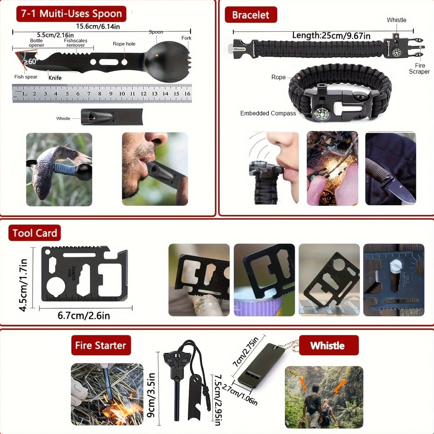 Survival Kit Bag with Folding Shovel and Multi Function Axe Emergency Lighting Set Emergency Blanket for Outdoor Adventure Hiking Hunting Lightweight Camping Essentials