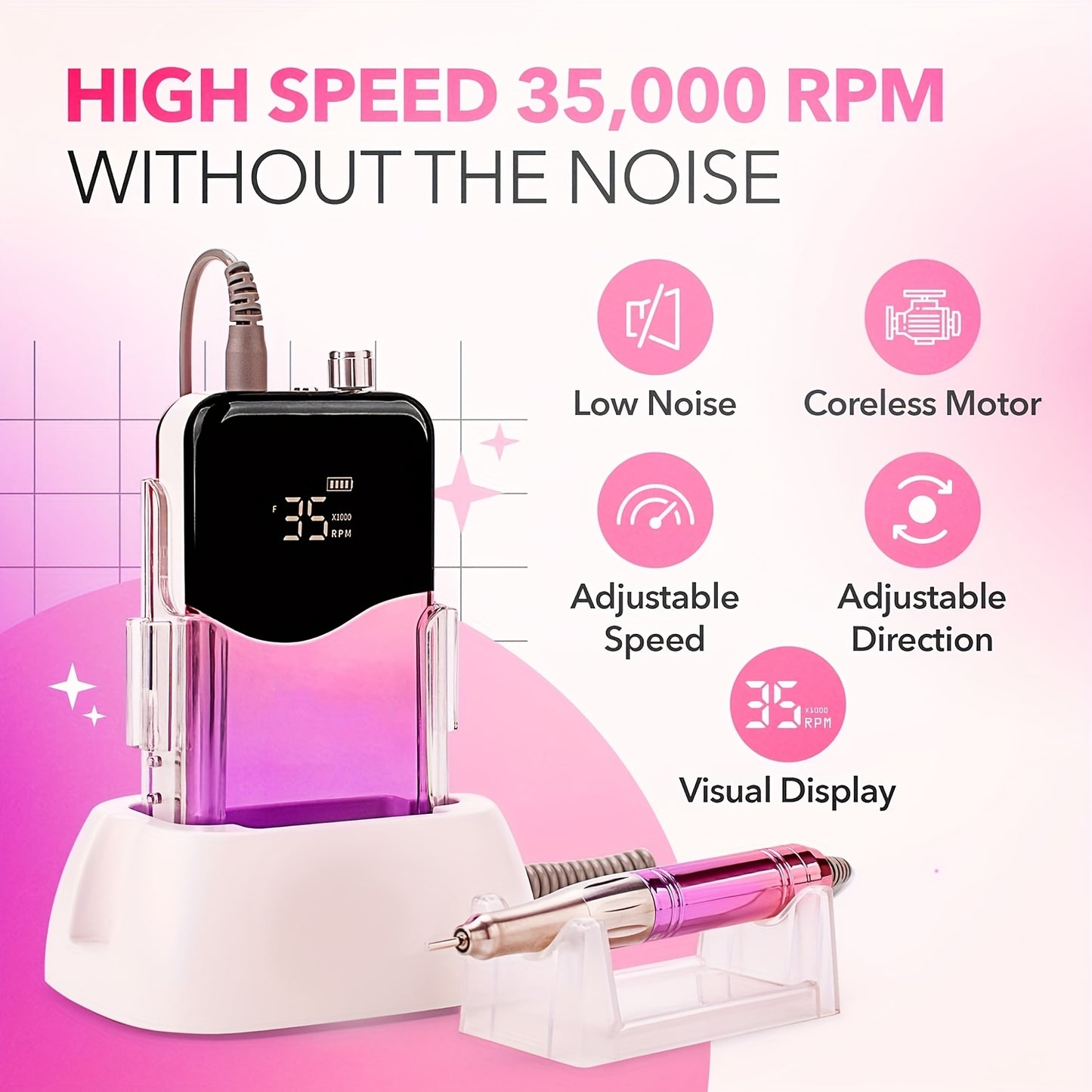 35000 RPM Rechargeable Nail Drill Machine with HD Display Cordless Electric Nail Drill for Salon and Home Use in Unicorn Purple Silvery White Black Golden Blue