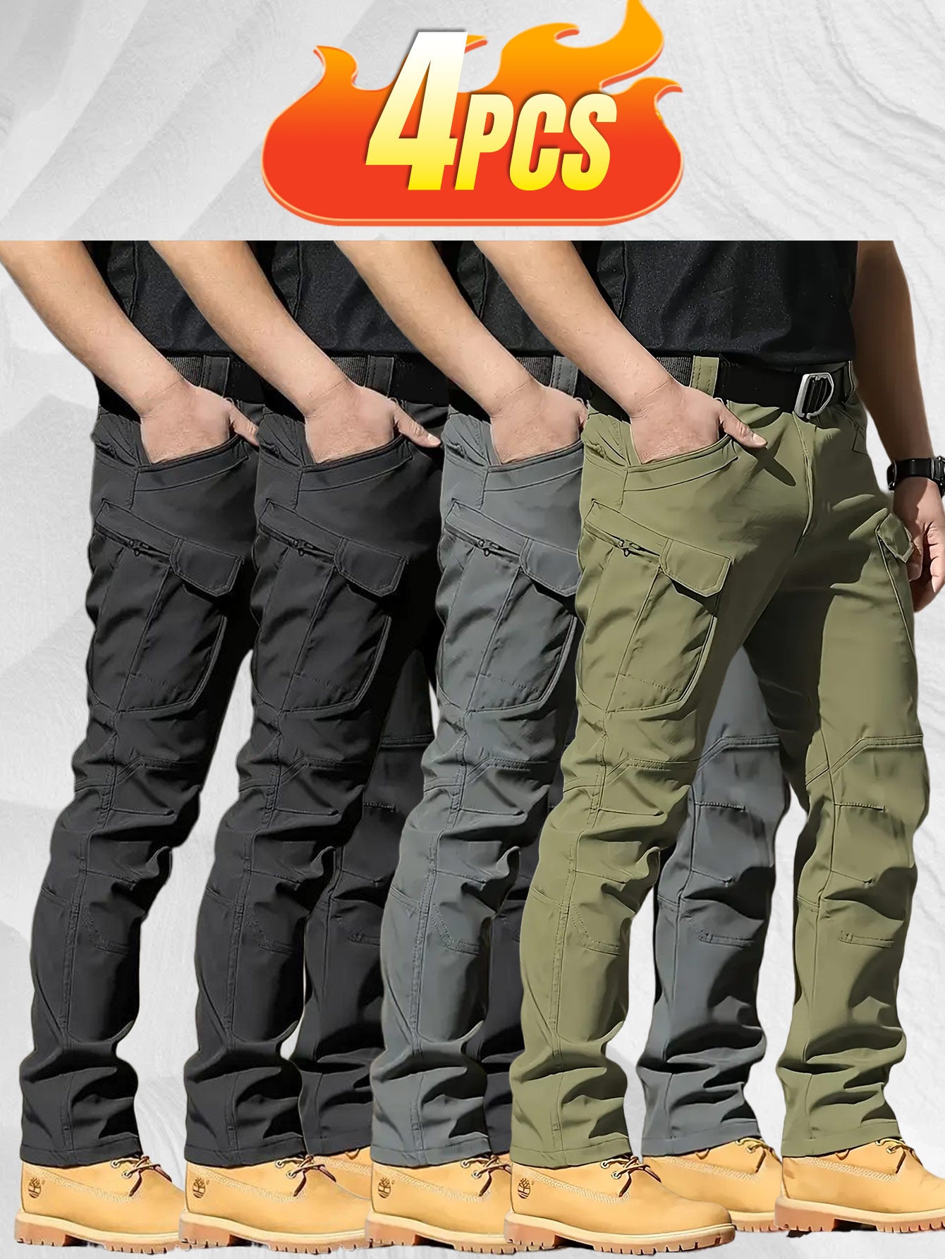 4PCS Comfy Outdoor Mountaineering Cargo Pants for Men Solid Color Drawstring Waist Casual Style Breathable Fabric
