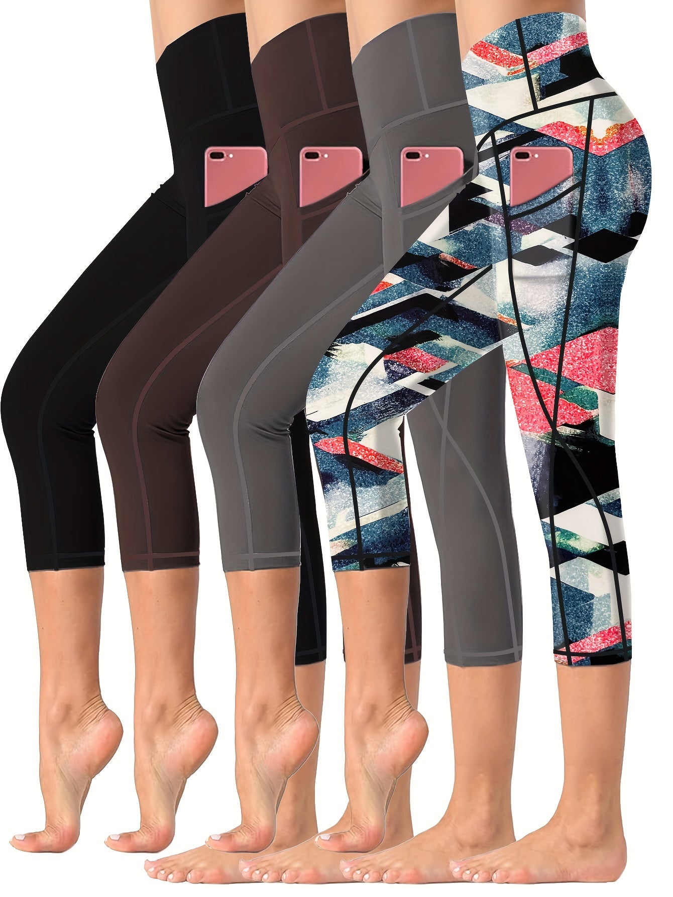 4 Pieces High Waisted Yoga Capris Leggings with Pockets Stretchy Printed Fitness and Running Tights Assorted Colors for Women