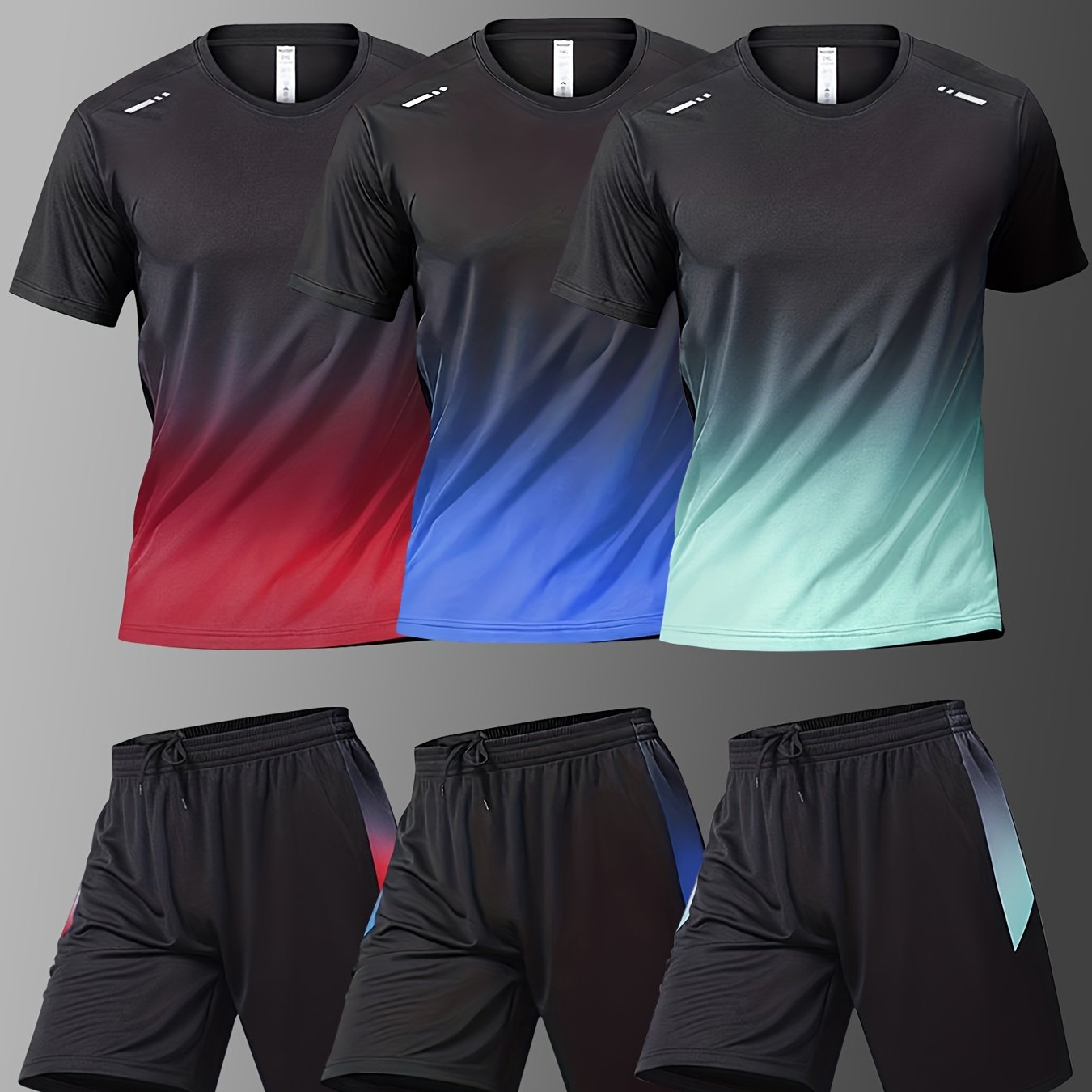 Men's Summer Basketball Training Running Set with Gradient Short Sleeve T-Shirt and Quick-Drying Shorts - Three Piece Combo