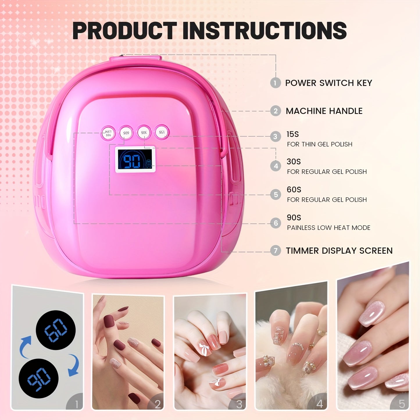 126W High Power Pink UV LED Nail Lamp with Digital Display 5200mAh Rechargeable Cordless Quick Drying 4 Timer Settings Hypoallergenic Plastic Professional Nail Dryer for Home and Salon Use