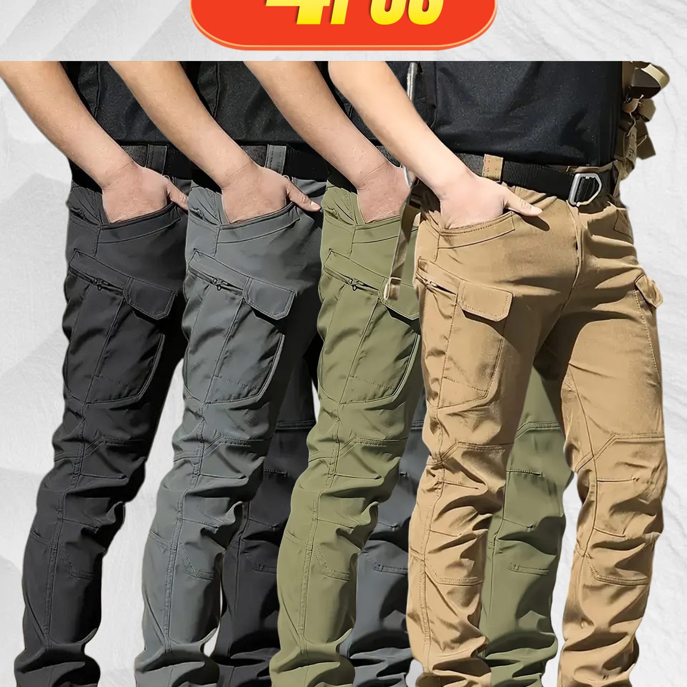 4PCS Comfy Outdoor Mountaineering Cargo Pants for Men Solid Color Drawstring Waist Casual Style Breathable Fabric
