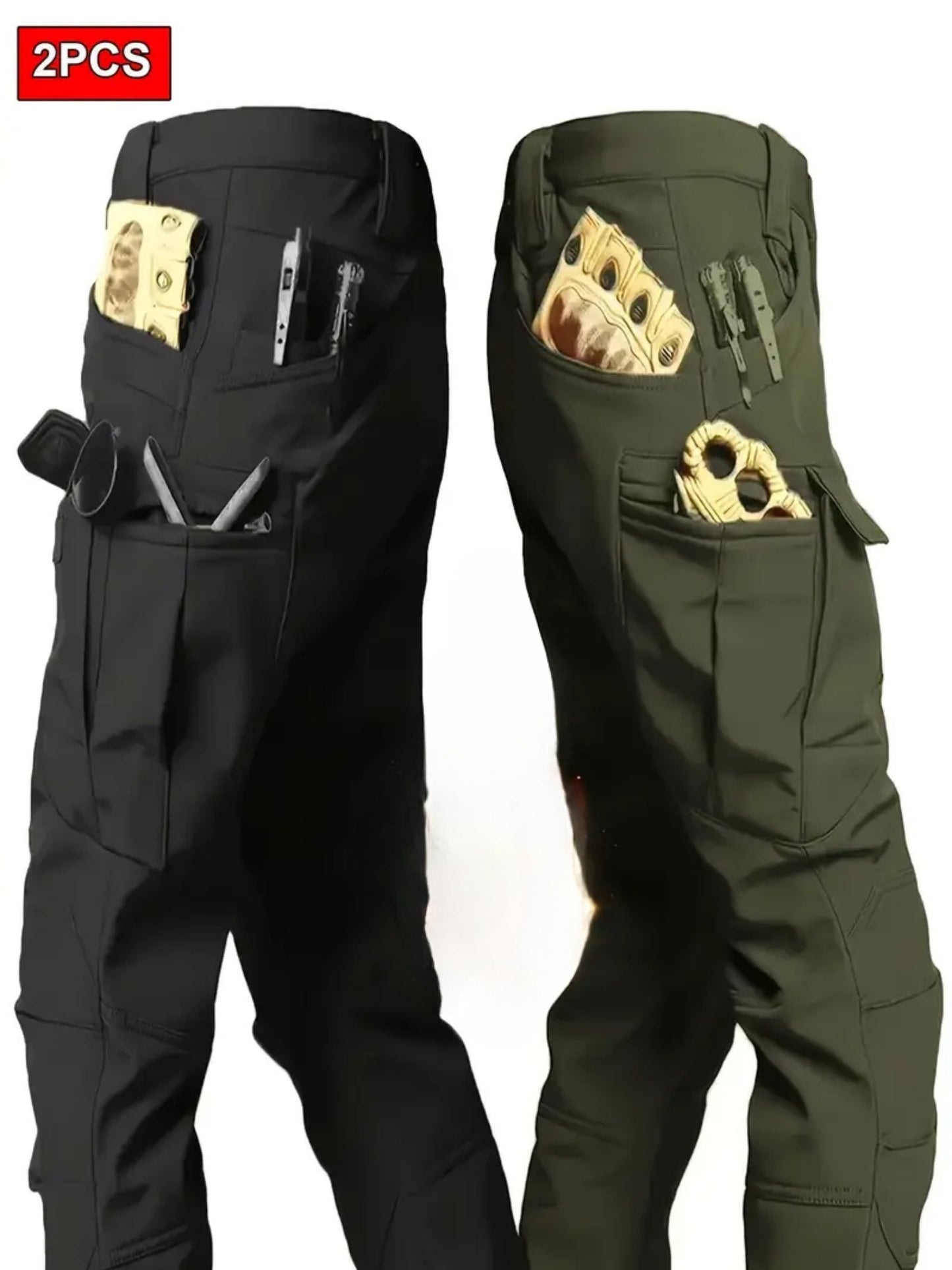 2 Pieces Men's High Performance Tactical Cargo Pants Sweatproof Durable Polyester Multi Pocket Design for Outdoor Hiking and Everyday Use Black and Beige
