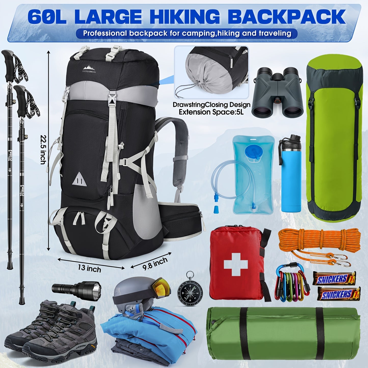 IGOLUMON 15.85 Gallon Waterproof Hiking and Camping Backpack with Rain Cover Lightweight Large Capacity Backpack Adjustable Straps Multiple Compartments Durable Polyester for Outdoor Travel Men and Women Camping Gear