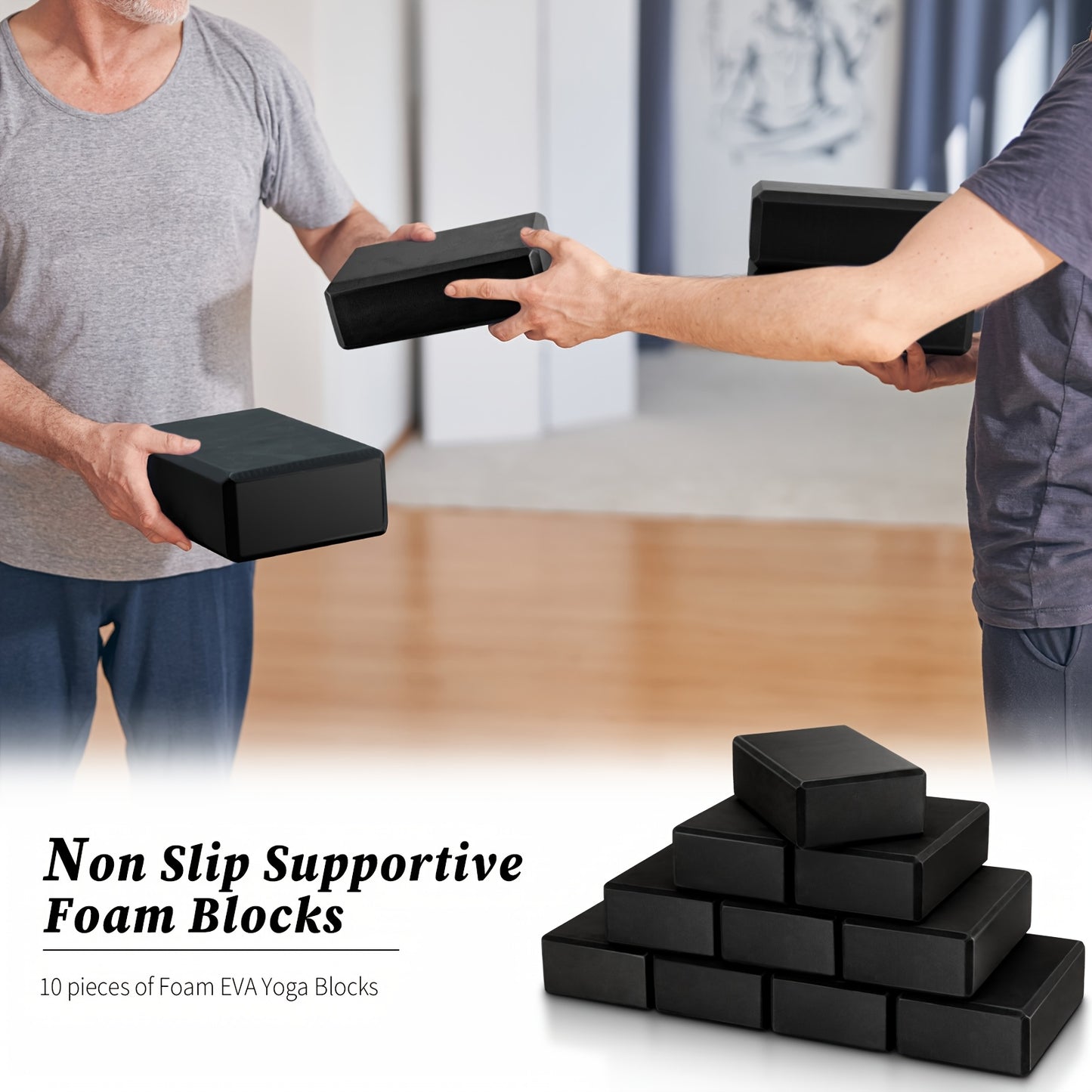 10pcs OUTUS Foam EVA Yoga Blocks - Lightweight Non-Slip Supportive Yoga Blocks for Pilates, Stretching & Meditation, Bulk Yoga Prop with Textured Surface & Solid Black, Yoga Accessories for Women & Men, Yoga Accessories, Pila