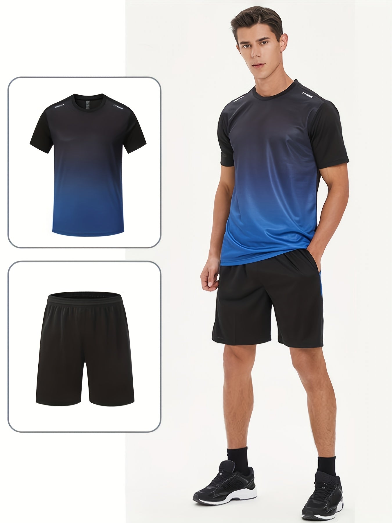 Men's Summer Basketball Training Running Set with Gradient Short Sleeve T-Shirt and Quick-Drying Shorts - Three Piece Combo