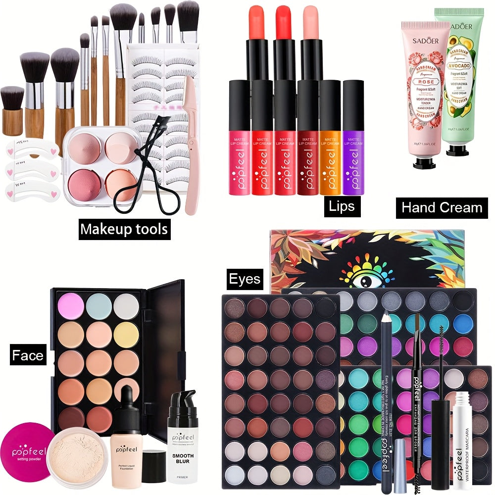 [All-in-one Makeup] MAKEUP GIFT SET - Contains Eye Shadow Eyeliner Eyebrow Pencil Lipstick Lip Gloss Base Makeup Foundation Loose Powder and matching Brush and Sponge Puff, a complete makeup gift set, Ideal Gift for Mother's