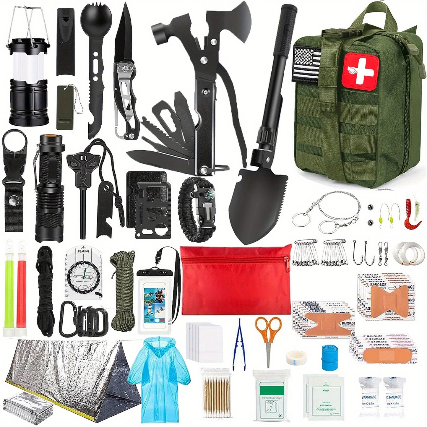 Survival Kit Bag with Folding Shovel and Multi Function Axe Emergency Lighting Set Emergency Blanket for Outdoor Adventure Hiking Hunting Lightweight Camping Essentials