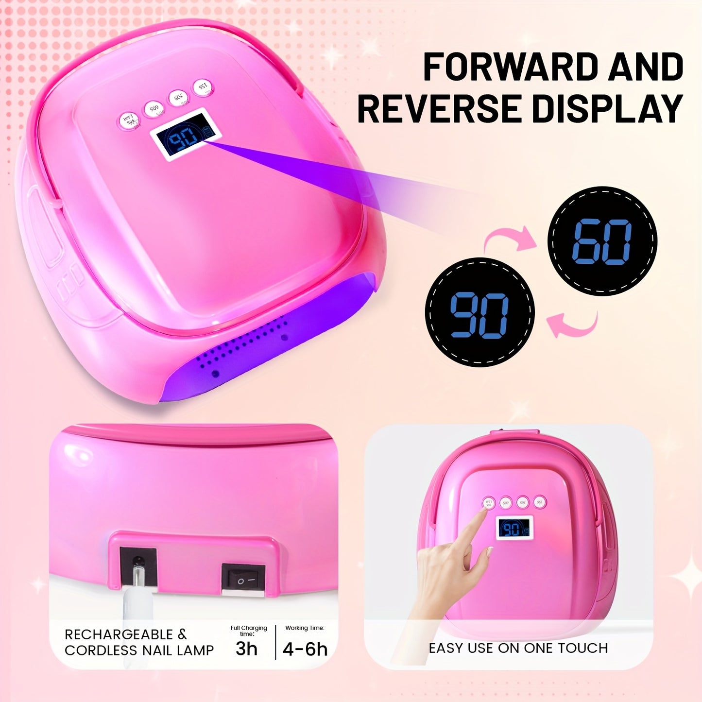 126W High Power Pink UV LED Nail Lamp with Digital Display 5200mAh Rechargeable Cordless Quick Drying 4 Timer Settings Hypoallergenic Plastic Professional Nail Dryer for Home and Salon Use