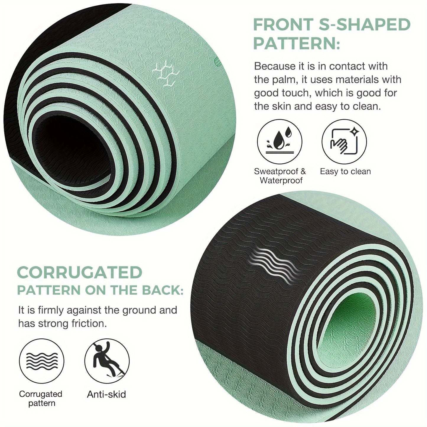 Non-Slip TPE Yoga Mat 8mm Thick with Carrying Strap - Striped, Green/Blue/Black - Ideal for Beginners, Pilates & Home Workouts