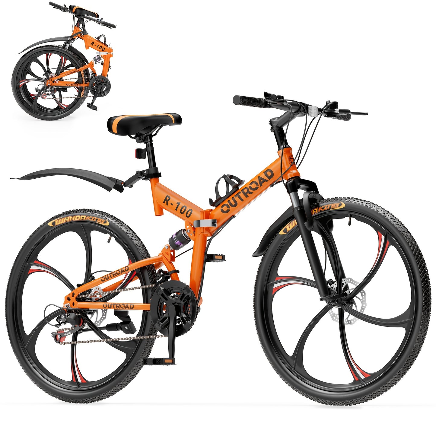 26 Inch Adult Folding Mountain Bike with 21 Speeds Full Suspension Dual Disc Brake High Carbon Steel Frame Foldable Bicycle for Men Women and Teen Black and Orange