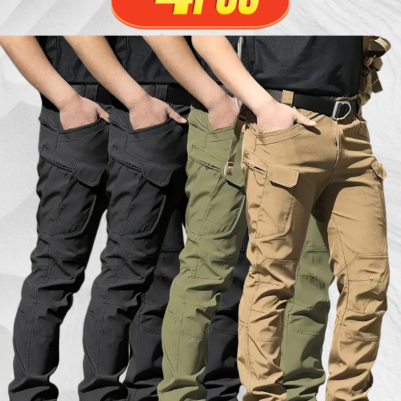 4PCS Comfy Outdoor Mountaineering Cargo Pants for Men Solid Color Drawstring Waist Casual Style Breathable Fabric