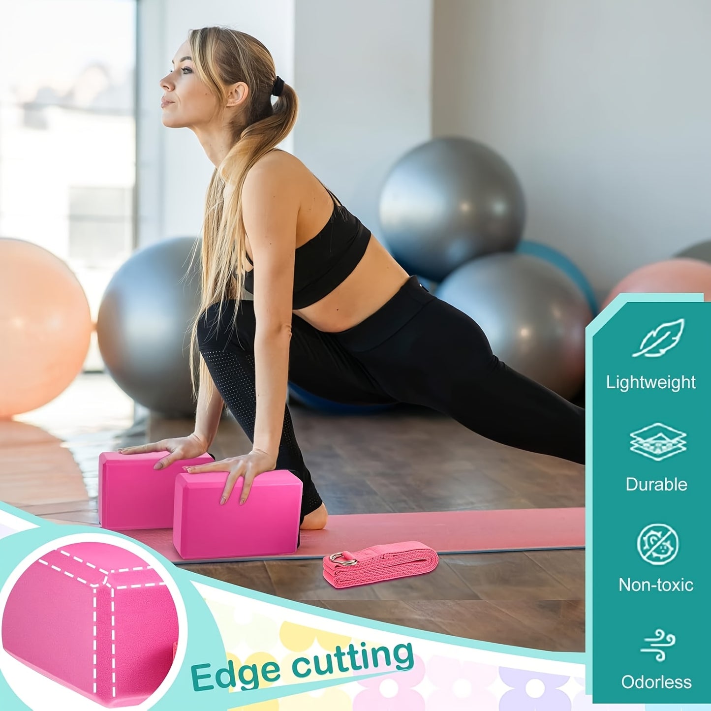 18 Pieces Yoga Block And Strap Set EVA Foam Non Slip Brick 9 X 6 X 3 Inch 8ft Yoga Straps for Stretching D Ring Design Pilates Fitness Workout Exercise