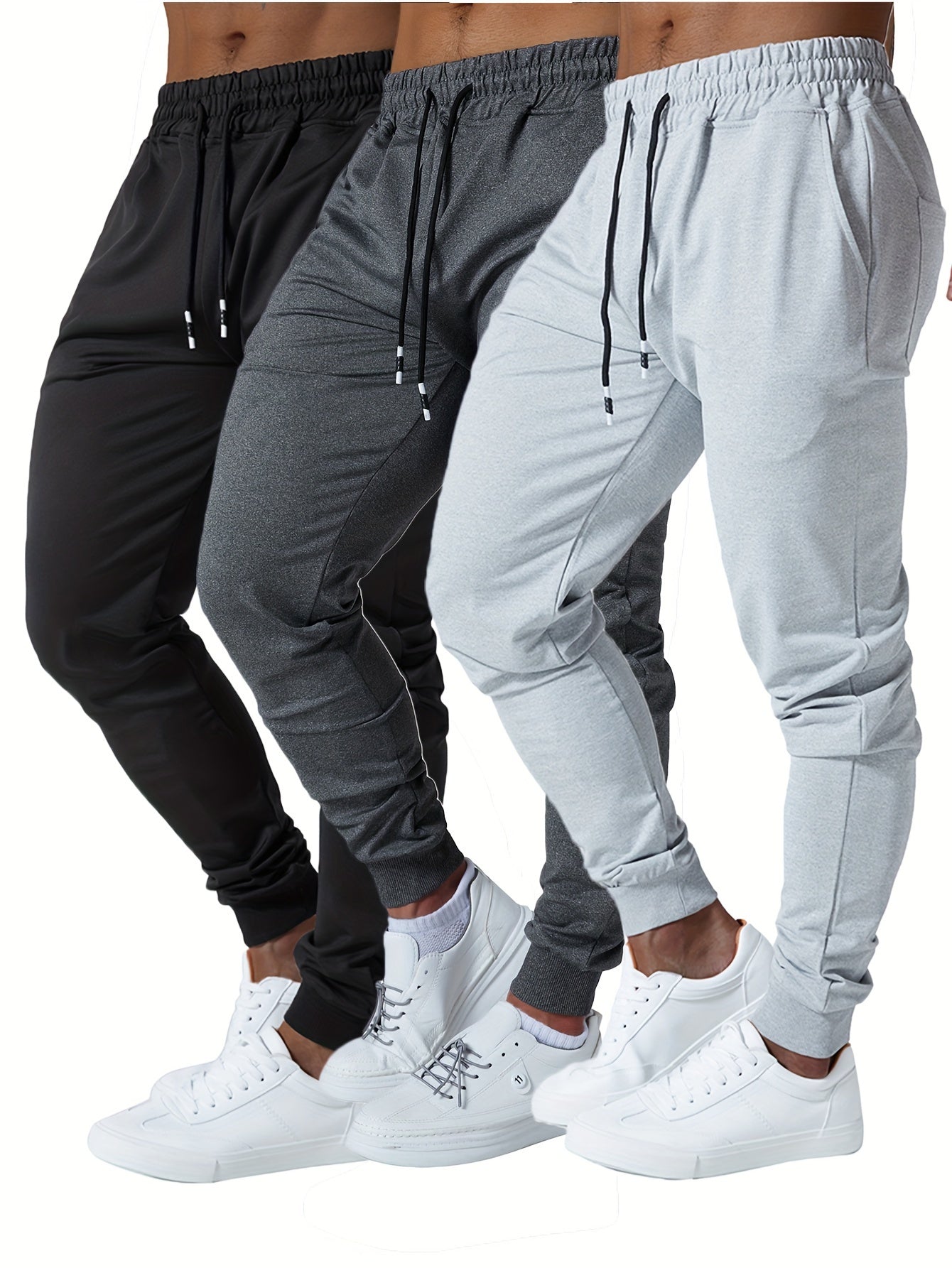 3PCS Men's Jogger Sweatpants Ultra Elastic Waist with Deep Side Pockets Cotton Blend Ideal for Gym and Running Machine Washable Black Navy Gray