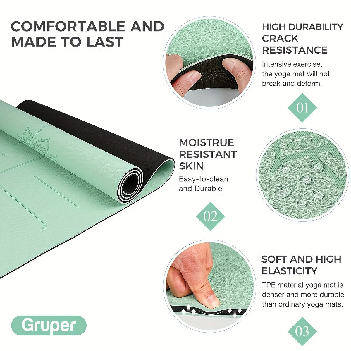 Non-Slip TPE Yoga Mat 8mm Thick with Carrying Strap - Striped, Green/Blue/Black - Ideal for Beginners, Pilates & Home Workouts