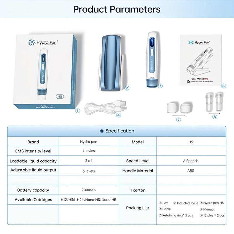 Hydra.Pen H5 White Wireless Derma Home Use Device Pen, 6 Speed Automatic Application Of Serum 3 In 1 Skin Care Tool With 2 12pin 0.25mm Cartridges