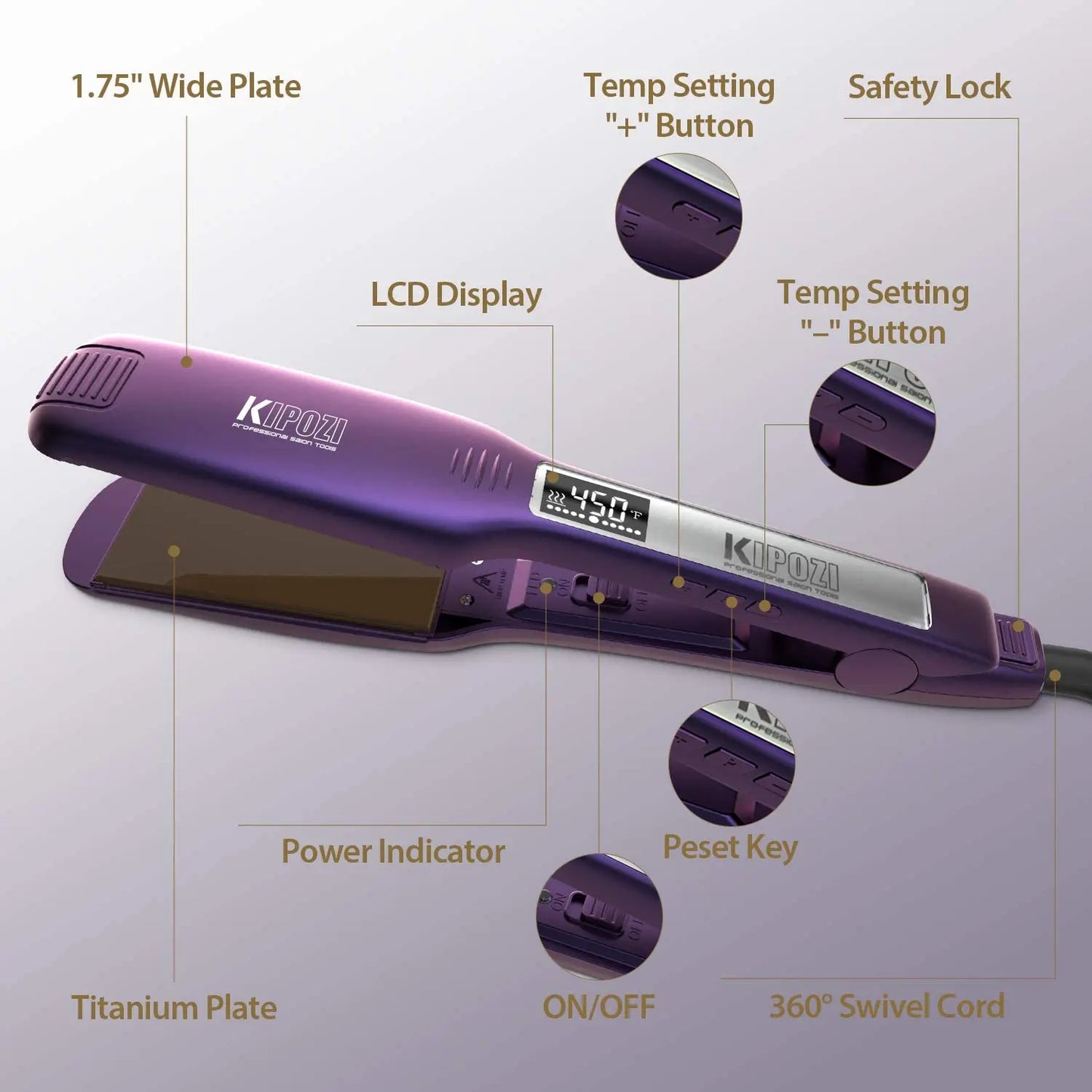 KIPOZI Professional Titanium Hair Straightener Iron Fast Heating 1.75 Inch Wide Plates LCD Flat Iron Curling Iron Styling Tool
