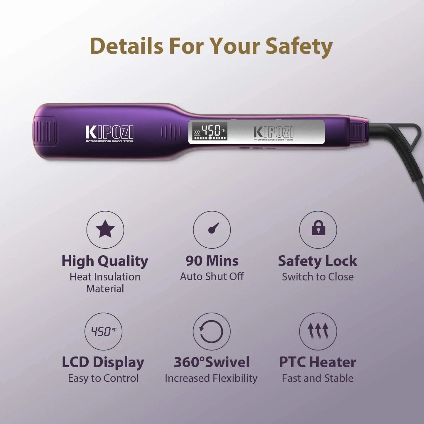 KIPOZI Professional Titanium Hair Straightener Iron Fast Heating 1.75 Inch Wide Plates LCD Flat Iron Curling Iron Styling Tool