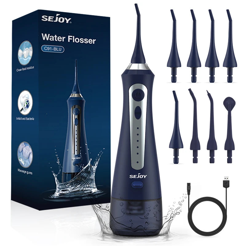 Sejoy Water Flosser Irrigator Dental Teeth Whitening Strips Portable 230ML Tank Five Modes Five Jet Tips