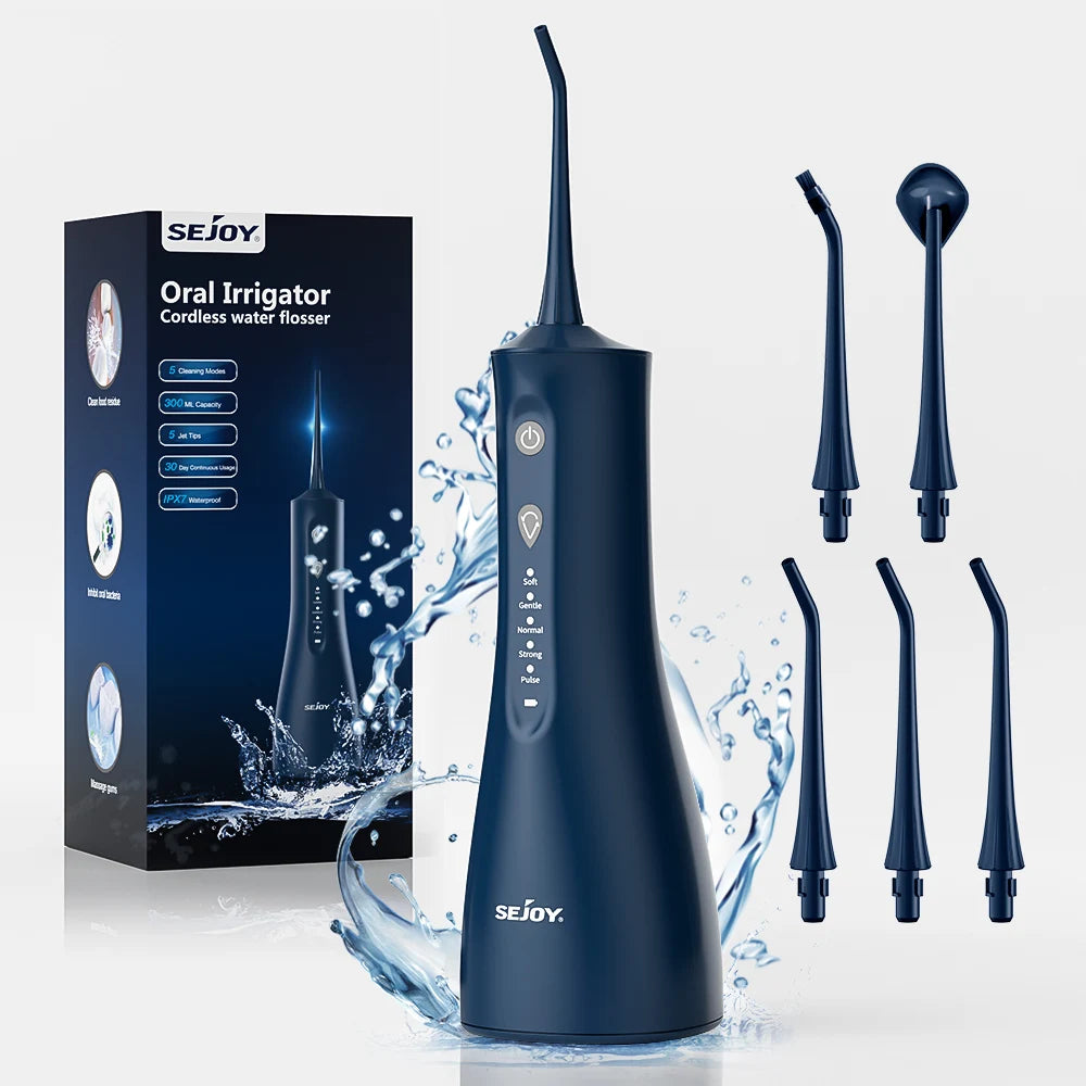 Sejoy Portable Water Flosser for Teeth Rechargeable Oral Irrigator with 5 Modes 300ML Waterproof Dental Cleaner