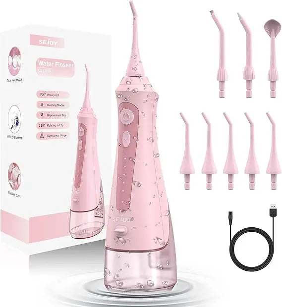 Sejoy Water Flosser Irrigator Dental Teeth Whitening Strips Portable 230ML Tank Five Modes Five Jet Tips