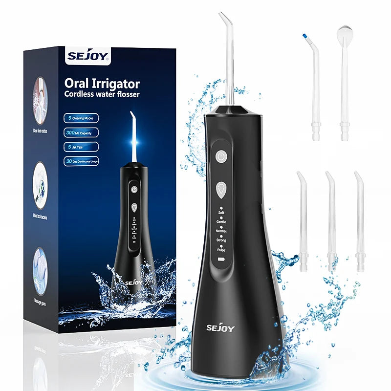 Sejoy Portable Water Flosser for Teeth Rechargeable Oral Irrigator with 5 Modes 300ML Waterproof Dental Cleaner