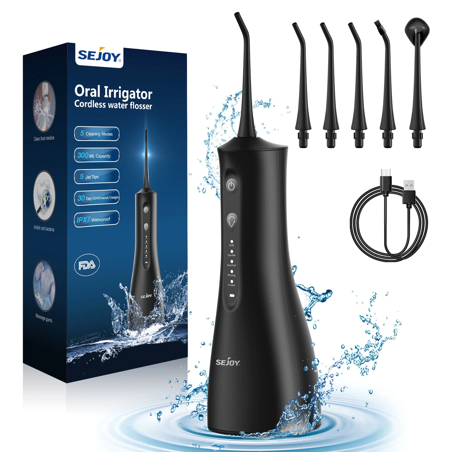 Sejoy Portable Water Flosser for Teeth Rechargeable Oral Irrigator with 5 Modes 300ML Waterproof Dental Cleaner