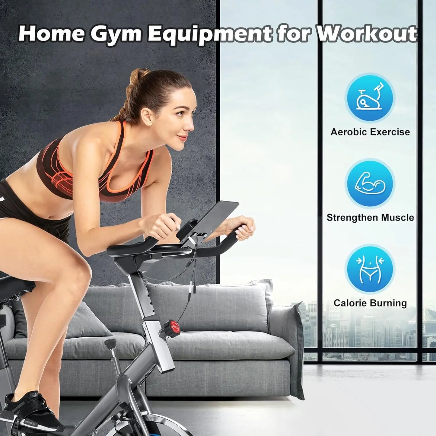 Indoor Exercise Bike Stationary with Comfortable Seat Cushion Tablet Holder and LCD Monitor for Home Workout
